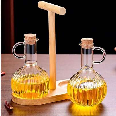 High Borosilicate Glass Oil Bottle With Wooden Cap, Kitchen Liquid Seasoning Bottle, Striped Sauce Vinegar Glass Jar