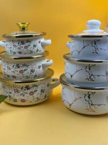 3 piezas Ollas esmaltadas de 12-16 pulgadas con borde dorado/plateado y floral, ollas esmaltadas para hervir café, leche, con doble asa y tapas. Olla esmaltada para cocinar en la cocina, adecuada para estufas de gas y placas de inducción