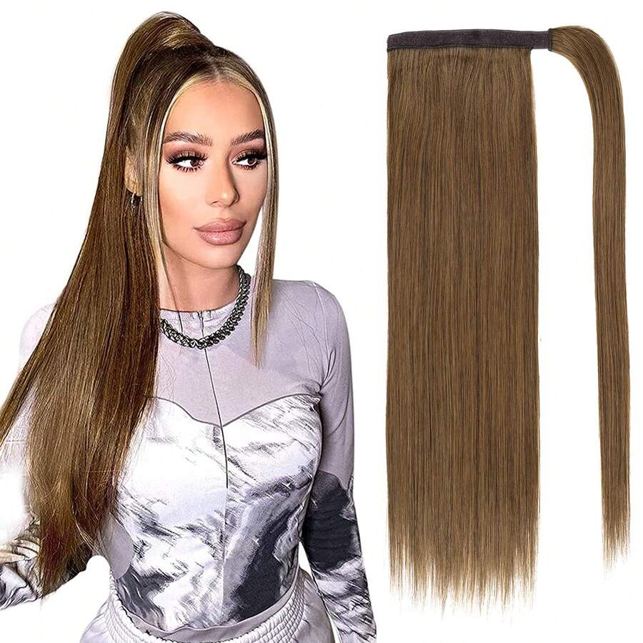 #6 Extensiones de cabello humano Remy para cola de caballo, rectas, color castaño claro, extensiones de cabello para cola de caballo envolvente para mujeres