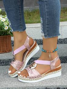 Giày sandal đế xuồng nữ, kiểu dáng thời trang, thoải mái và năng động, trang trí sọc bạc, màu hồng, thích hợp cho đi chơi hàng ngày, mua sắm, đi dạo. Giày sandal đế xuồng vải thoải mái dành cho nữ. - Hồng - Xem 2