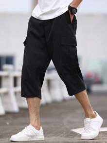 1 件青少年/男孩宽松休闲 3/4 长工装短裤，百搭夏季日常穿着，春夏秋季 - 黑色 - 查看 2