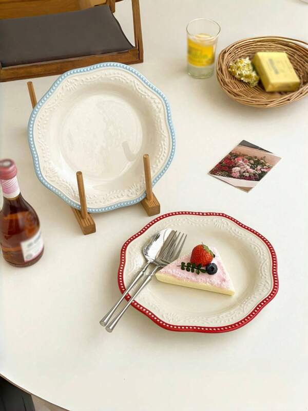 1pc Retro Simple Floral Wheat Embossed Ceramic Plate, Decorative Dessert Plate, Breakfast Plate, Cake Plate For Home Kitchen