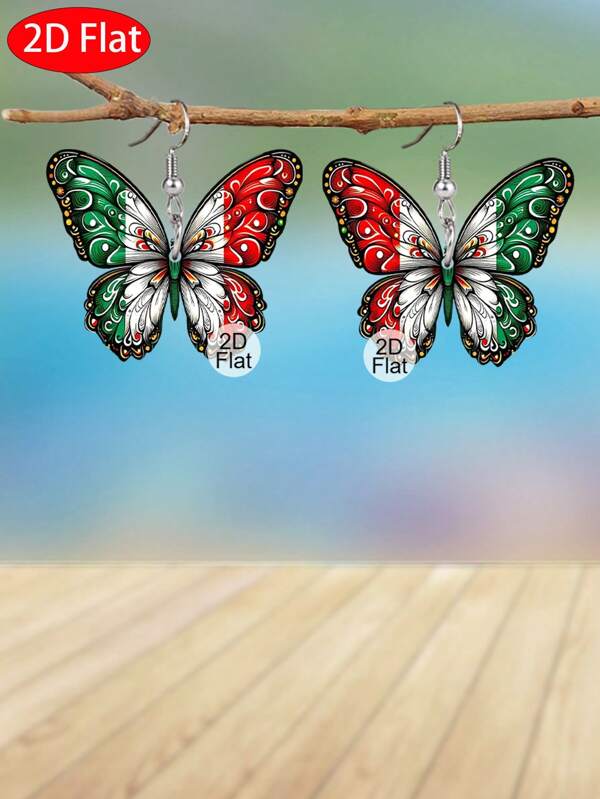 1 par de hermosos pendientes de acrilico con mariposas coloridas en 2D plano. Pendientes de moda para mujeres, ideales para el Día de la Independencia, festividades mexicanas, Navidad, Acción de Gracias u otras fiestas y eventos.
