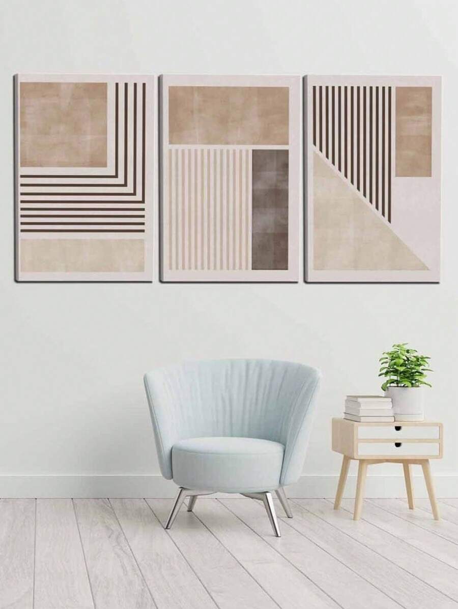 Conjunto de 3 lienzos de arte de pared estirados sobre marco de madera con pinturas abstractas