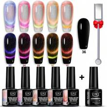 5pcs Sparkling Cat's Eye Nail Gel Set + 7ml Black Base With Magnetic Strips, High-Density Broken Fairy Stone Polarized Fine Sparkling Cat's Eye Relaxation Gel DIY Nail Gel Set