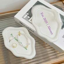 1pc Customized White Ceramic Tray With Text, Simple Ins-Style Clouds Design Luxury Decorative Tray, Home Living Room Decor, Jewelry, Keys, Pearls And Small Items Storage Tray