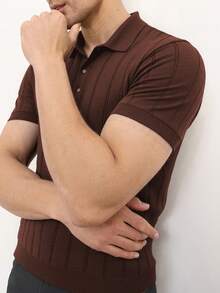 ALTZTAR Men's Ribbed Short Sleeve Polo Neck Knit Top, Suitable For Daily Wear, Outdoor & Commuting - Brown - View 4