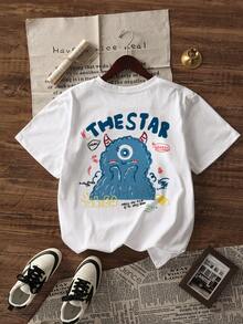 夏季新品女士独特设计字母与卡通动物印花休闲圆领短袖 T 恤 - 白色 - 查看 1