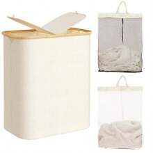 Set di cesti portaoggetti per il bucato di grandi dimensioni, pieghevole con coperchio, con manico, con borsa interna rimovibile, cesto portabiancheria con manico in bambù, adatto per dormitori, camere da letto, bagni, organizzazione dello spazio, forma rettangolare, cesto per il bucato