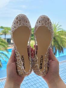 Women's Summer Closed Toe Flat Jelly Crystal Sandals, Hollow-Out Soft Beachside Shoes
