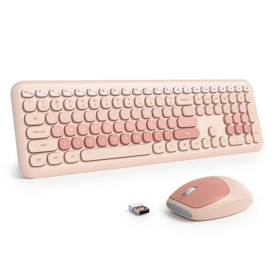 Quiet Wireless Keyboard And Mouse, Retro Typewriter-Style Full-Size Colorful Keyboard And Mouse Combo, Slim Design, Low-Noise Typing For Windows PC Laptop - Orange - View 1