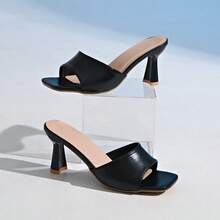 女士夏季纯色粗高跟凉鞋露趾一脚蹬适合女士高跟拖鞋 - 黑色 - 查看 1