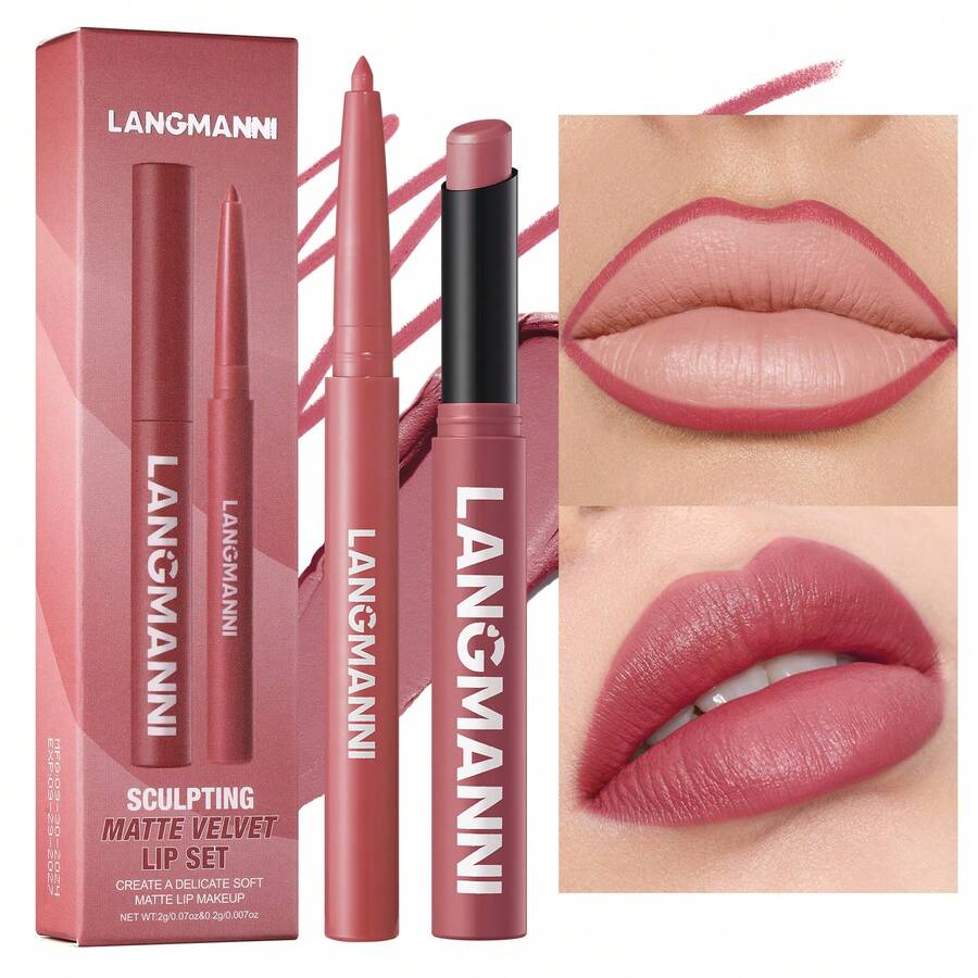 2pcs/Set Fashionable Lip Makeup Set: Matte Lipstick + Lip Liner