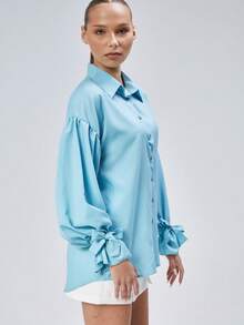Women's Solid Color Drop Shoulder Long Sleeve Elegant Single-Breasted Summer Shirt - Teal Blue - View 5