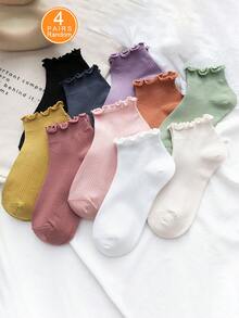 4 Pairs Assorted Plain Sweet Ruffle Trim Ladies Socks, Cute Fashion Simple Personalized Women Ankle Socks Christmas Gift - Multicolor - View 2
