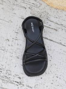Girls' Korean Style Versatile PU Leather Roman Sandals, New Soft Bottom Fashion Open Toe Anti-Slip Beach Shoes, Suitable For Summer