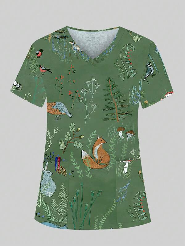 女式印花V领多口袋手术服护士服工作服牙医保健宠物医院实验室制服上衣
