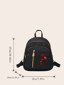 印花玫瑰图案简约女士背包，尼龙面料，学院风，休闲，旅行，多功能 - 黑色 - 查看 3