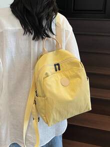 1pc Plain Fabric Double Washed Nylon Lightweight Large Capacity Travel Backpack, Simple And Portable School Backpack For College Students - Yellow - View 1