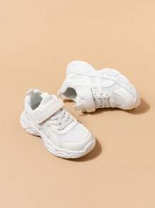 1 Pair Children Sports Shoes, White Breathable Mesh Hook & Loop Closure, Girls Athletic Shoes, College Style, All Season Wear, Lightweight & Comfortable, Boys Casual Sports Sneakers