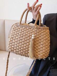 low tea 女士度假波西米亚草编流苏抽绳手提包 - 卡其色 - 查看 6