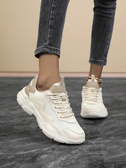 女士春季网眼透气厚底休闲厚底运动鞋，透气跑步鞋