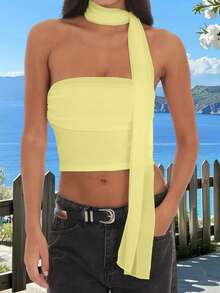 Women's Strapless Tops With Collar 2 Pcs Set Stylish Solid Mesh Slim Fit Crop Tube T-Shirt For Spring Summer - Yellow - View 5