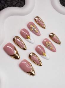 Spring/Summer Handmade Almond-Shaped Nail Tips With Y2K Chic Style, In Nude, White, Gold Colors Featuring Cross, Star, Asymmetrical Metallic Design, Suitable For Women & Girls To Wear At Parties, Weddings, Daily Life. 10pcs/Set With 3 Sizes, Includes Nail Tools, Great Gift For Ladies