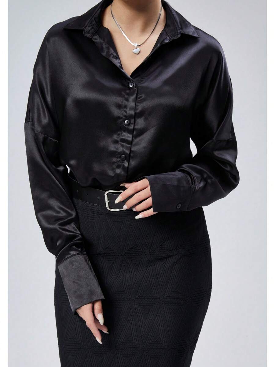 Women's White Solid Satin Button-Up Long Sleeve Shirt - Black - View 1