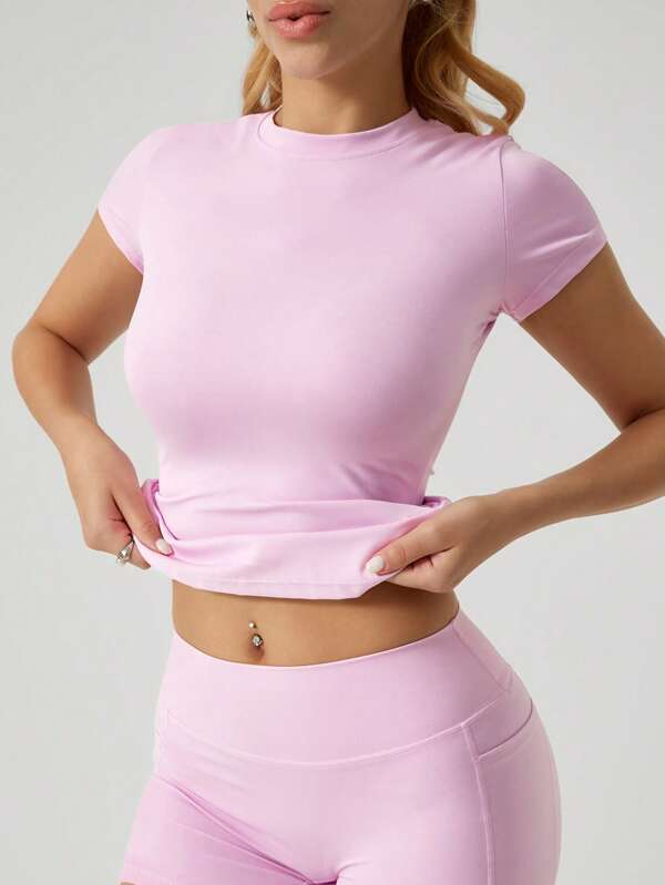 NcmRyu 1pc Women's Seamless Elastic Solid Color Fashionable Casual Fitted Short Sleeve Tee, Spring/Summer