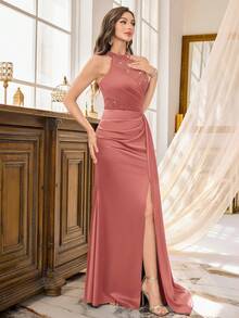 Đầm maxi hở lưng đính sequin, ren hoa phối satin, xẻ tà bên, kiểu dáng thanh lịch dành cho nữ, thích hợp cho kỳ nghỉ, lễ tốt nghiệp, tiệc tối trang trọng và các dịp khác, ngày lễ tình nhân, đám cưới, mùa xuân. - Bụi hồng - Xem 7