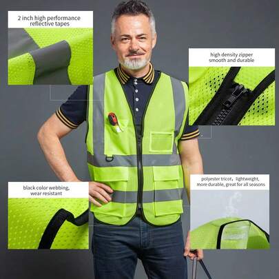 High-Visibility Reflective Vest - Multiple Pockets, Unisex, Lightweight & Breathable (No Overheating) - Ideal For Outdoor Cycling/Construction/Sanitation - ANSI/ISEA Compliant