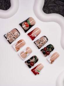 10pcs/Set Handmade Y2K Style Duck Mouth Fake Nails With French Edge, Hollow Carving, Tie Dye, Cherry, Pearl Design In Nude, Black, White, Red Colors, Suitable For Parties, Dances, Daily Wear, Comes With Tool Kit, Great Gift For Women And Girls
