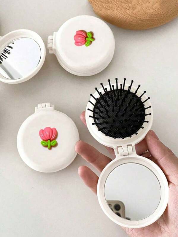 1pc Tulip Flower Portable Air Bag Mirror Comb, Foldable Pocket Makeup Mirror, Flower Design Compact Desktop Mirror, Women And Girls Portable Travel Mirror, Finishing Makeup And Appearance Mirror Comb 2-In-1, Travel Supplies, Weddings, Parties, Birthday Gifts, Accessories