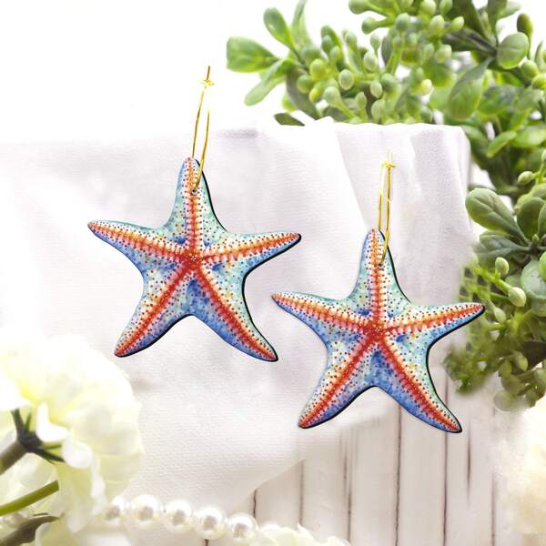 Brincos Pendentes de Madeira com Estrela-do-mar Estilosa e Adorável
