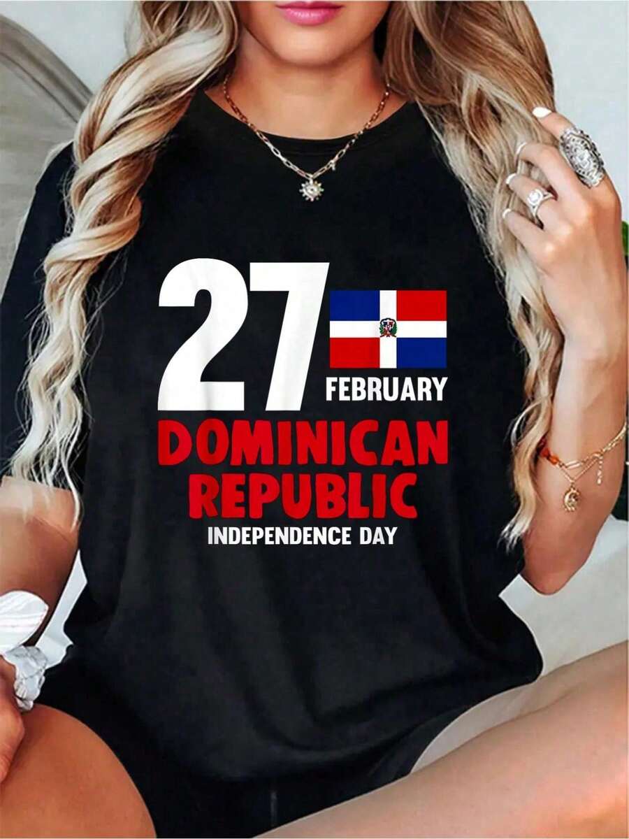 Dominicana Independence Day Dominican Republic-Shirt -% Cotton Graphic Tees Women. Top Shirt Women Summer Tops Clothes. Y2K Clothes Mother Day Graphic Tees Women Crop Tops Summer Outfits Women Summer Tops-Shirt - Black - View 1