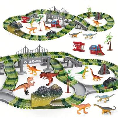 Giocattoli per bambini, Gara di auto da corsa nel mondo dei dinosauri, Set di binari flessibili con dinosauri, 1 auto da corsa a tema dinosauro e 6 giocattoli di dinosauri per bambini di età 3+ anni, regalo ideale