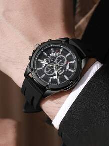 1 pieza Reloj de cuarzo analógico con diseño de doble esfera falsa, correa de silicona de escala metálica plateada, moda para hombres de negocios y jóvenes