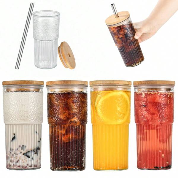 20oz Glass Cup With Straw And Wooden Lid, Textured Design, Suitable For Juice, Milk Tea, Beverage And Water