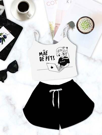 Conjunto Pijama Feminino Cropped Branco Mãe de Pets Shorts Preto