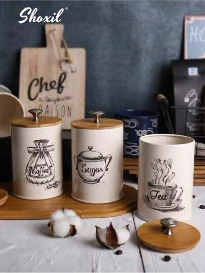 shoxil 3pcs Coffee, Sugar, Tea Canister Set With Airtight Bamboo Lid, Metal Leak-Proof Jars, Space-Saving Sealed Cans, Vintage Kitchen Container For Food Storage