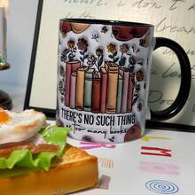 1 件爱书人陶瓷咖啡杯 - “书不嫌多”设计，鲜艳的花卉和书籍插图，可重复使用的水杯，适合同学、儿子和女儿，理想的节日、生日、圣诞节礼物、毕业礼物，教室水杯花卉插图马克杯耐用陶瓷杯，爱书人礼物 - 彩色 - 查看 3