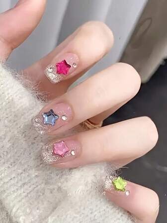 100 件各种尺寸彩色星星平底水钻，3D 星星美甲装饰，适合 DIY 美甲