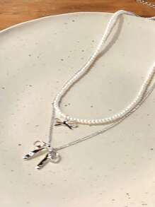 2 Pieces Of Elegant Rhinestone Bowknot & Faux Pearl Necklace, Delicate Fresh And Simple Luxury Choker Necklace For Women