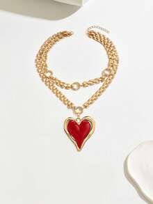 1 件新款创意心形拼布时尚百搭个性化多层链条项链，欧美风格 - 彩色 - 查看 2