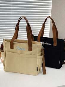 1pc Personalized Women's Canvas Tote Bag, Fashionable Versatile Work/Commute Shoulder Bag, Portable Lightweight Organizer Bag, College Style Large Capacity Student Book Handbag, Multifunctional Embroidered Letter Tote, Suitable For Daily Use, Can Be Given As Gifts To Family, Friends, Mothers, As Personalized Gifts For Mother's Day, Valentine's Day, Nurse's Day, Teacher's Day, Christmas Birthday, Etc.,School Supplies,Back To School,School Gift,For Office,For School,For Classroom,For Teacher Gifts,For University,For Colleague,For Dorm Rooms,For Teacher,For Boys And Girls,For Teenagers,Junior High School Students,Middle School Students,High School Senior High School Students,College Students,University Students,Freshman,Sophomore,Underclassmen
