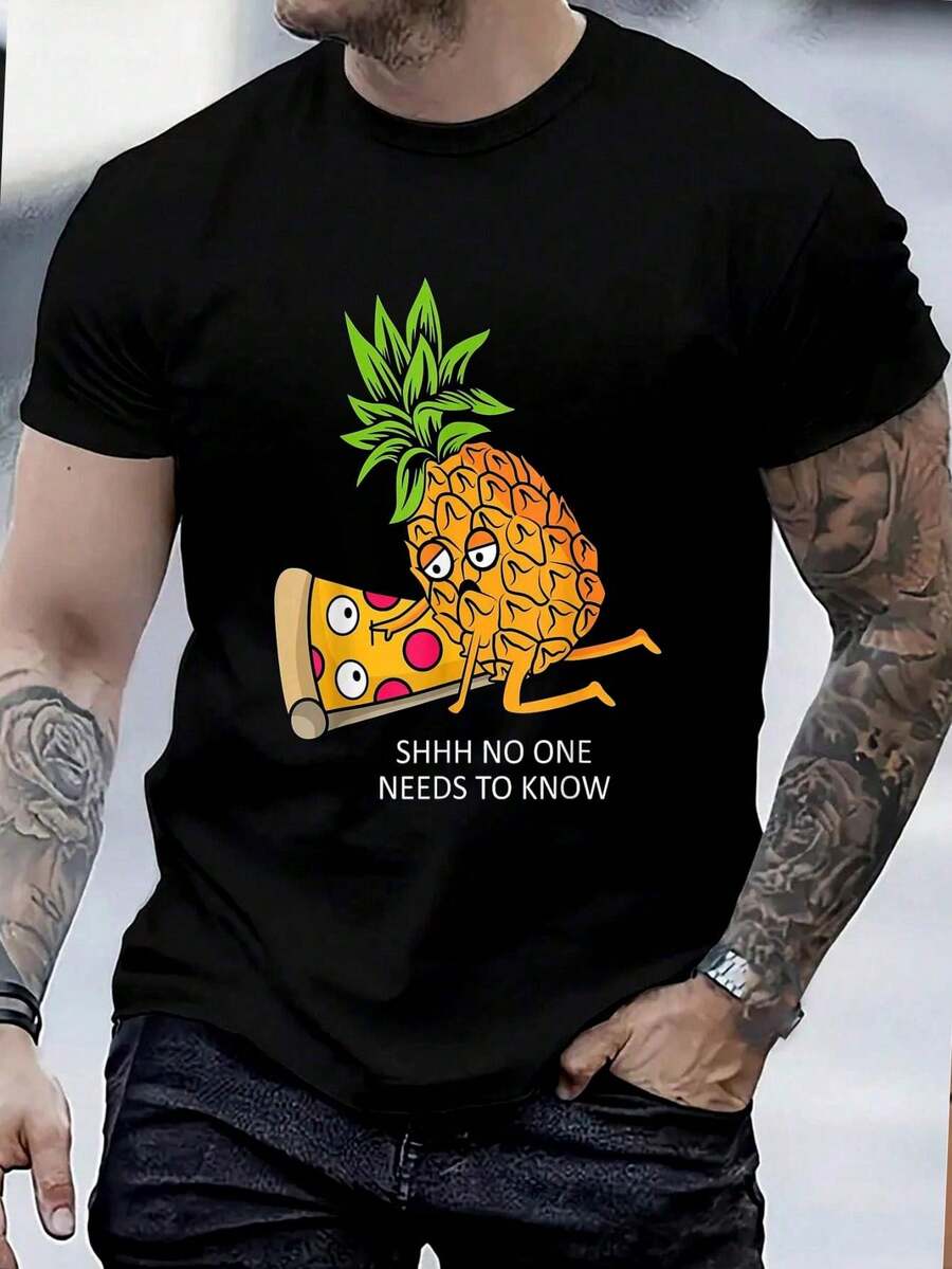 100% Cotton Pineapple Belongs On Pizza Lover Funny Food Pun T-Shirt Women's Men's Graphic Tee Causal Tops Fashion Tshirt Short Sleeve T-Shirt - 黑色 - 查看 1
