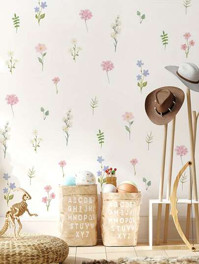 1set Flower Wall Stickers, Watercolor Meadow Flower Wall Stickers, Bohemian Style Wall Stickers, Removable, Suitable For Living Room, Bedroom, Bathroom, Toilet, Classroom Wall Decoration