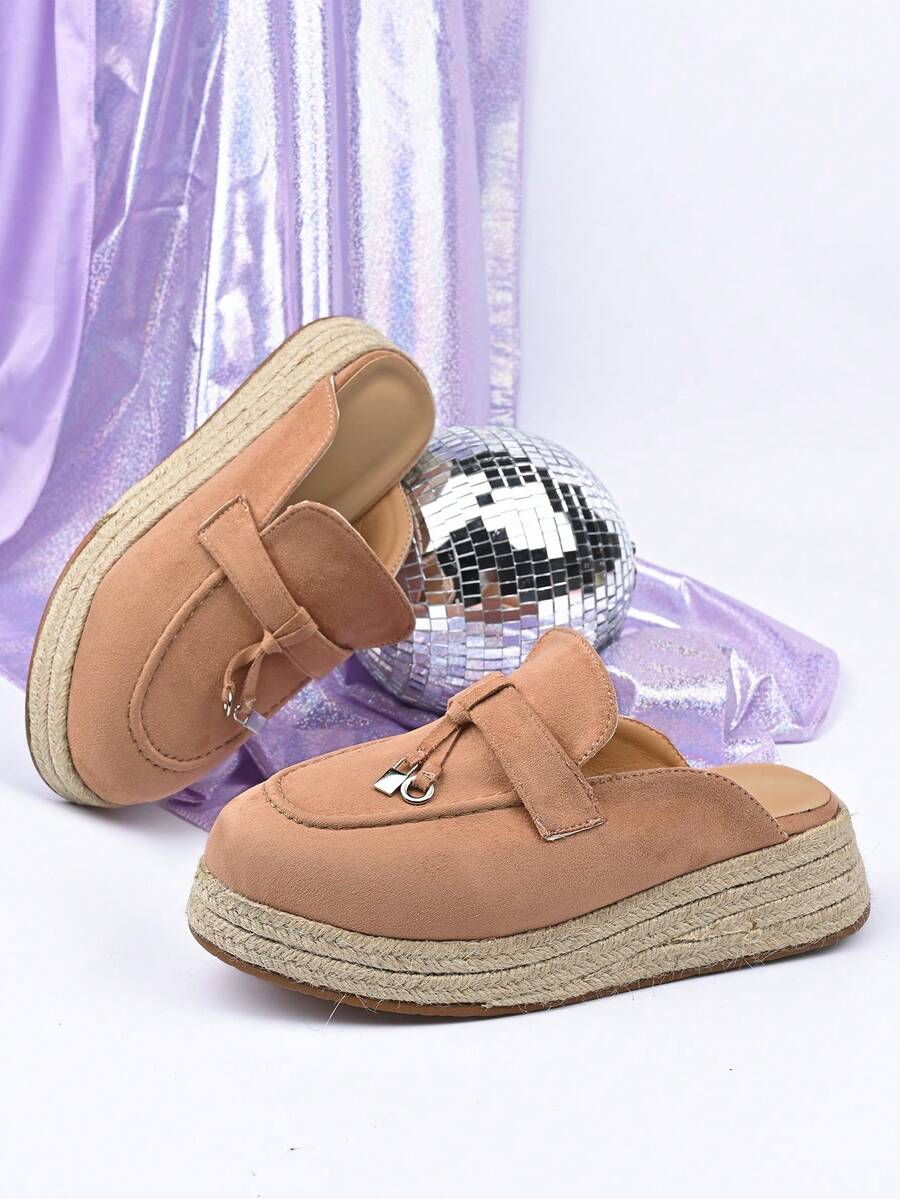 Women's Jute Rope Platform Soles Bohemian Beach Slip-On Sandals, Comfortable & Lightweight, Suitable For All Seasons - Apricot - View 1