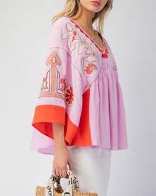 Women's Floral Print Babydoll Tops Summer V Neck Flare Sleeves Boho Loose Flowy Beach Vocation Tee Shirts - Hồng - Xem 2